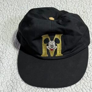 Vintage Walt Disney World Mickey Mouse Hat Black Gold Embroidered M Snapback Cap